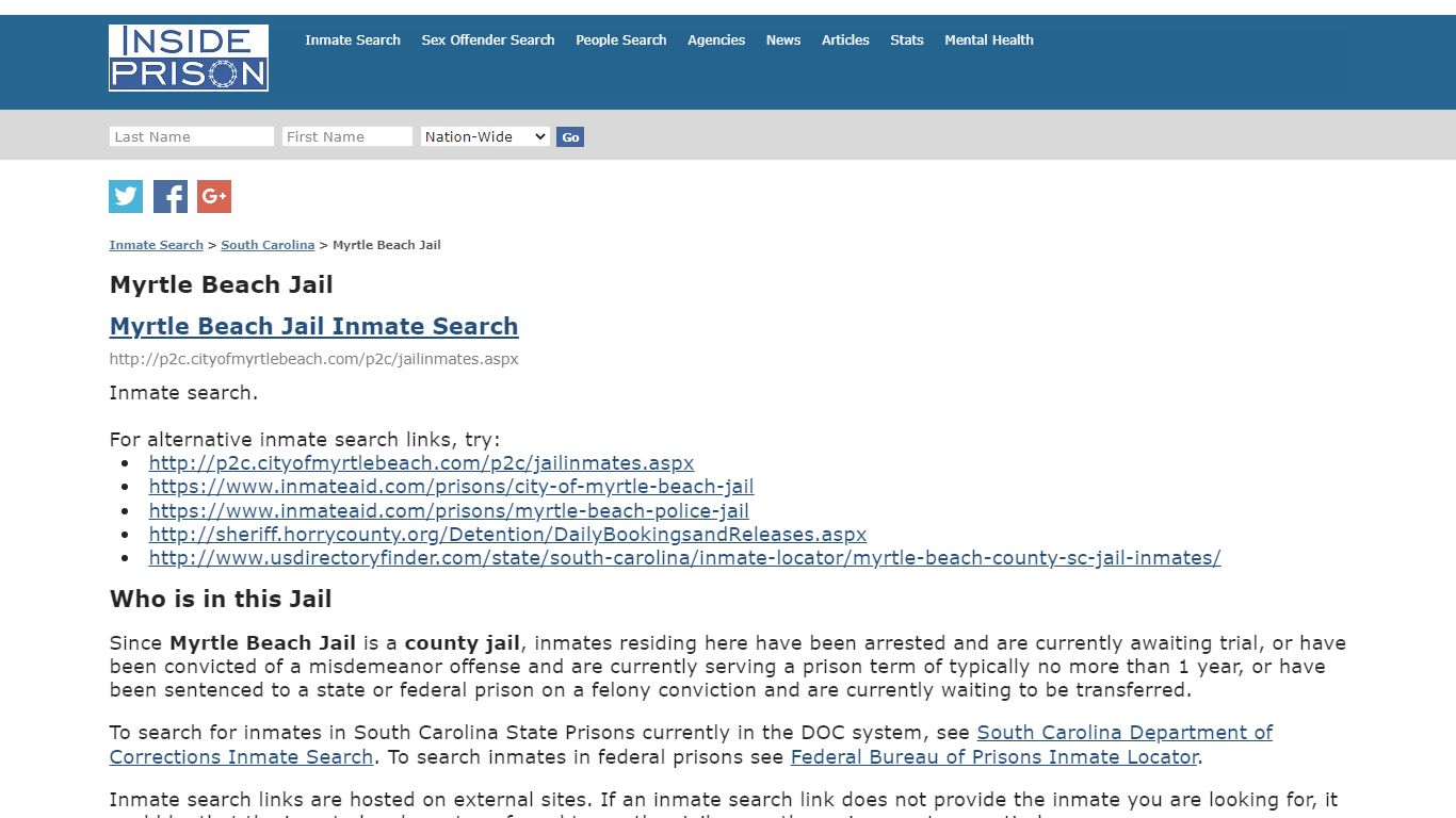 Myrtle Beach Jail - South Carolina - Inmate Search